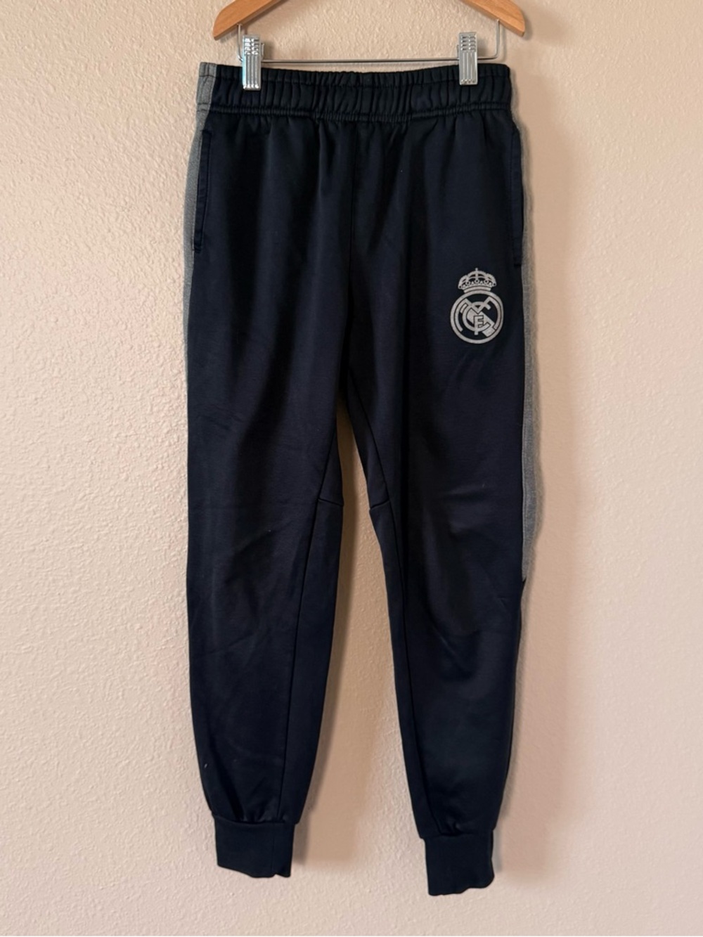 Kids Black Jogger Pants with Gray Side Panels - Real Madrid Logo